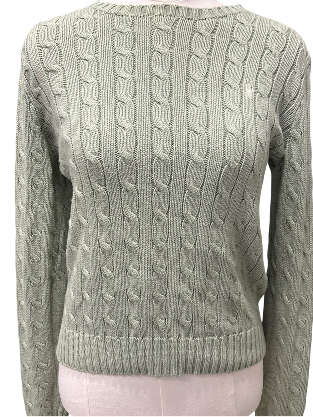 Ralph Lauren Sage Green Cable Knit Sweater Women’s Medium 100% Cotton Classic